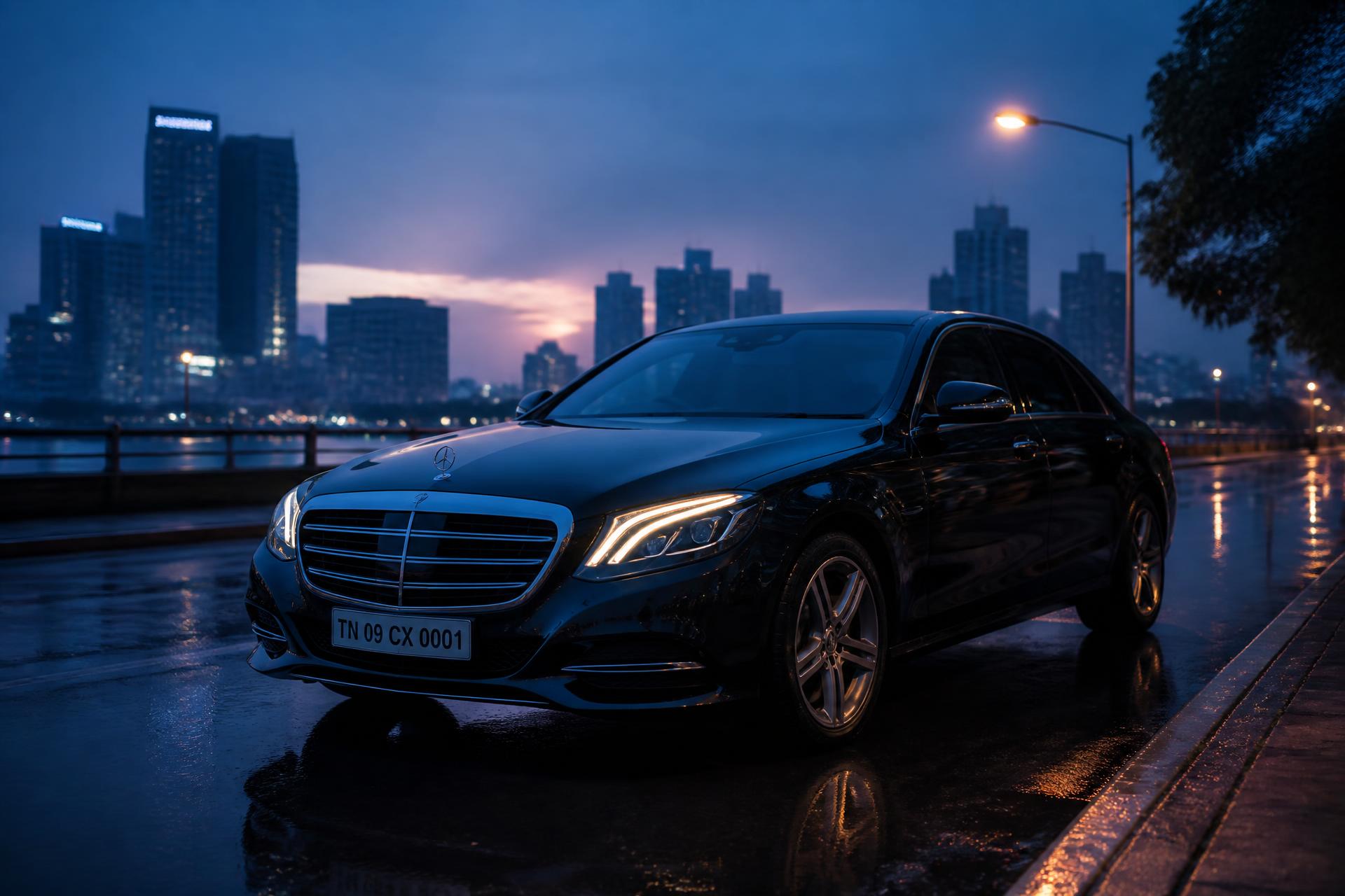 Black luxury chauffeur sedan on a Chennai street at dusk