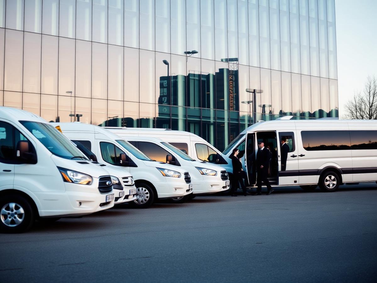 Corporate transport vans lined up outside an office building