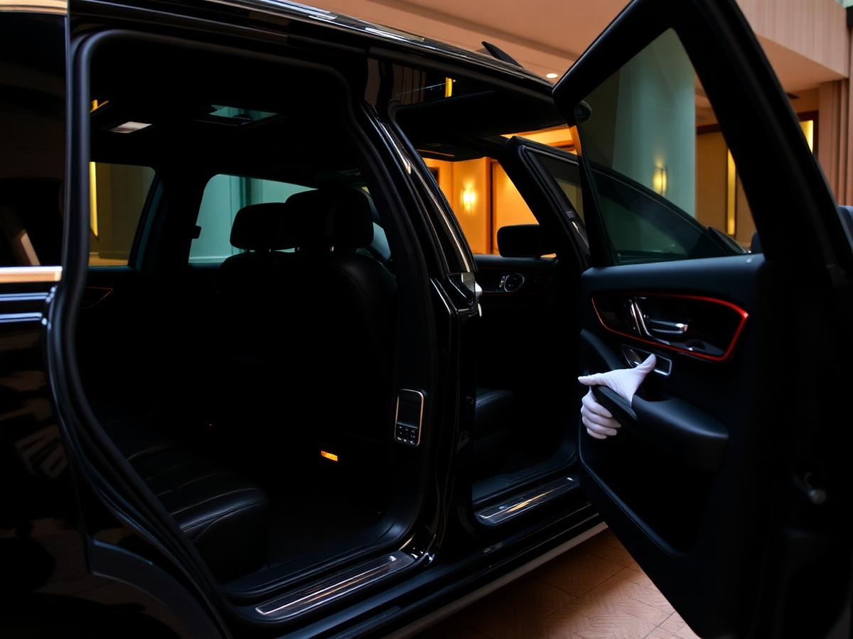 Chauffeur opening the rear door of a premium black sedan